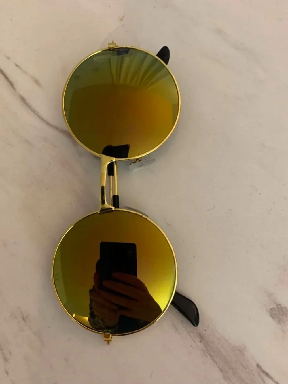 Retro Round Sunglasses With Gold Metal Frame Green/Red Metallic Lenses